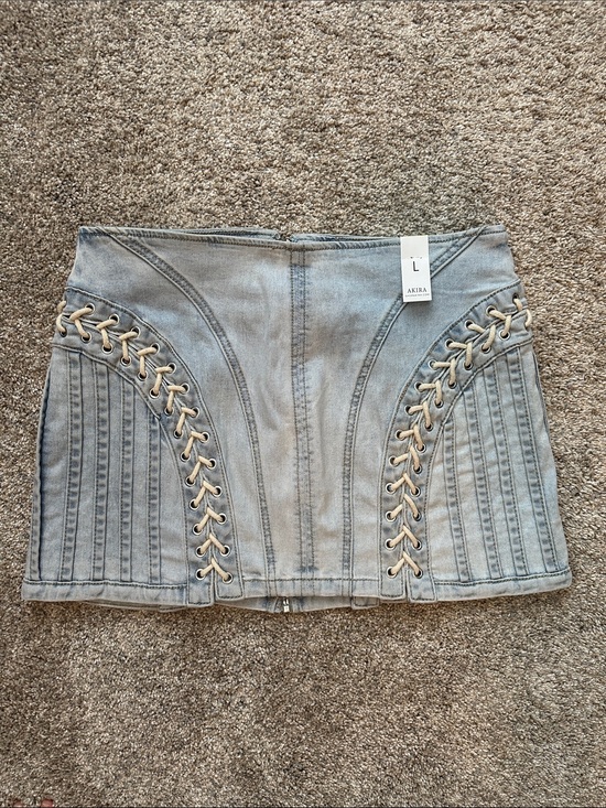 AKIRA Dresses & Skirts - NWT AKIRA Light Wash Denim Mini Skirt Lace Up Sides Zipper Back Detail Size L